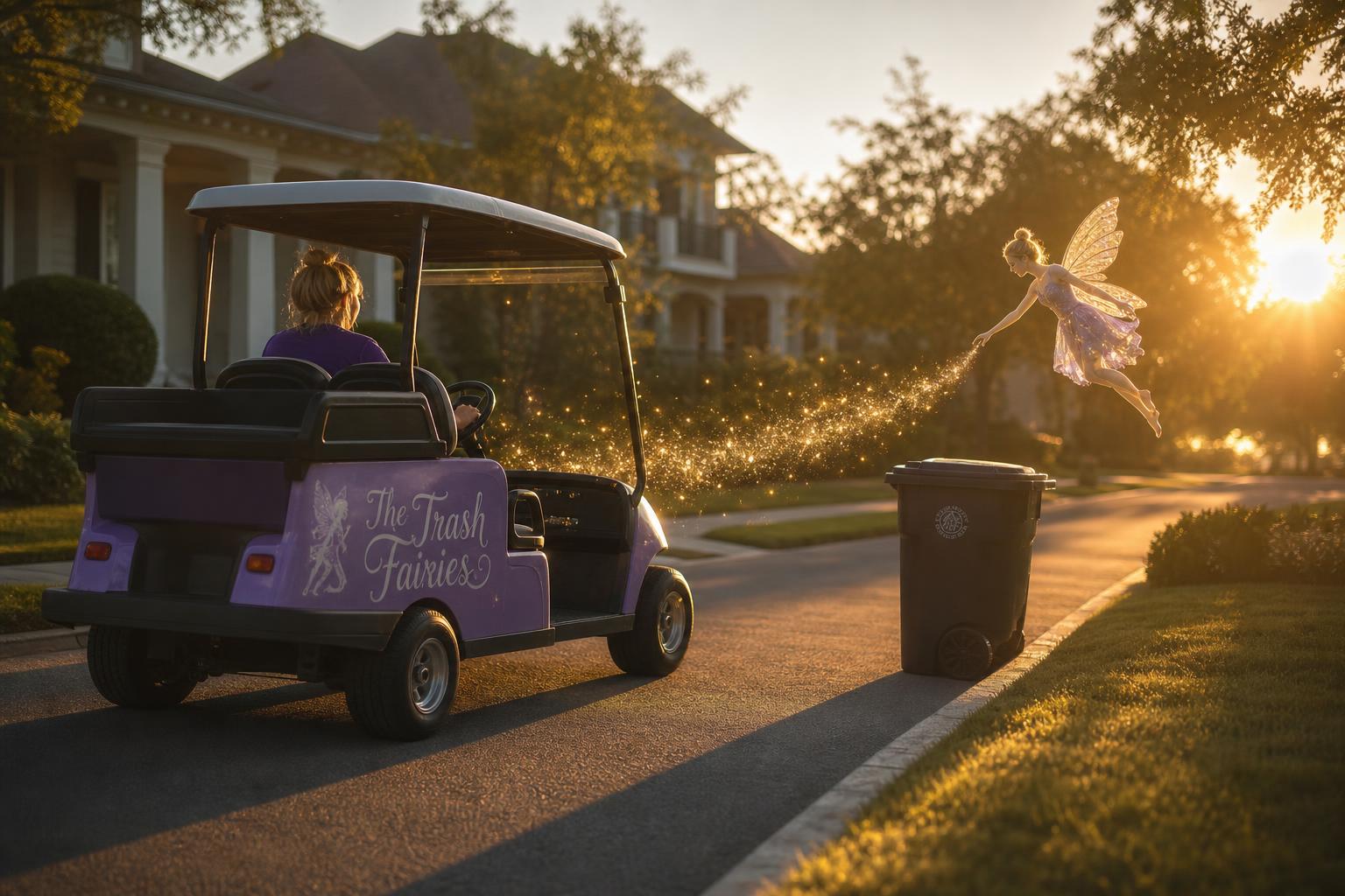 A lavender Trash Fairies golf cart drives through a sunset neighborhood while a glowing fairy leaves a trail of sparkles beside a trash can at the curb